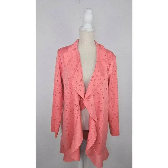 New Cupio Peach Solid Ruffle Scuba Floral Eyelet Open Front Blazer Jacket Large - Picture 3 of 15